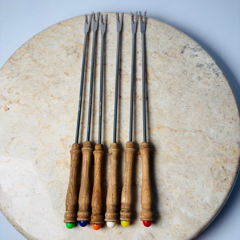 Set of 6 Vintage Fondue Forks‎ Stainless W/ Wood Handle Colored Ends Japan